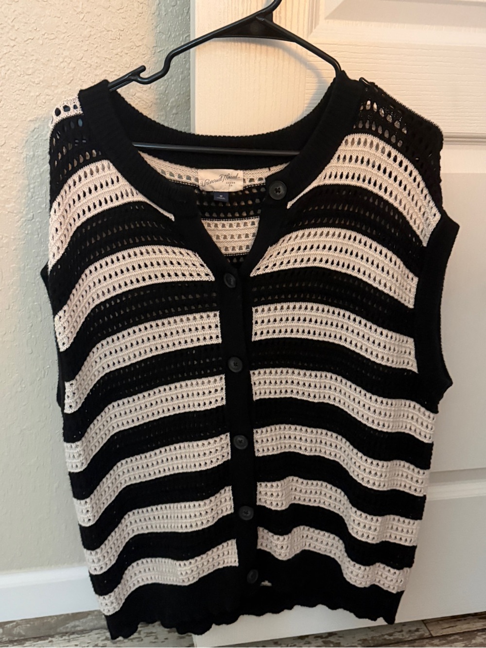 Universal Thread Black & White Striped Crochet Button-Front Sweater